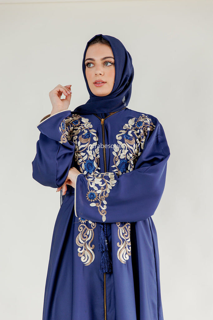 Navy Flower and Leaf Embroidered Zip Abaya