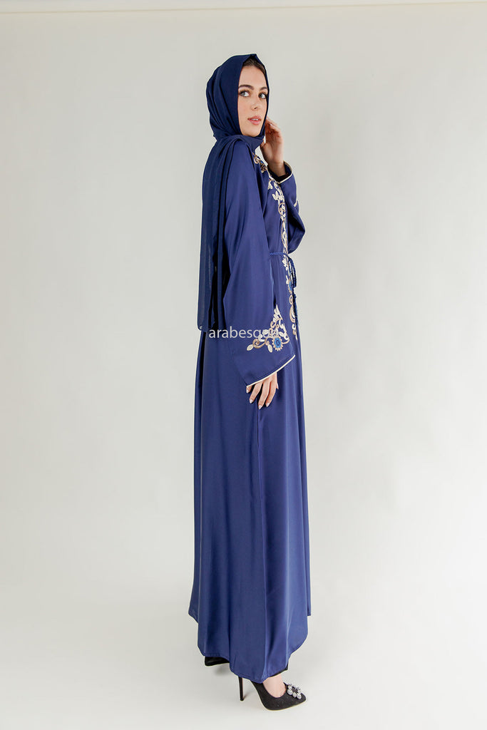 Navy Flower and Leaf Embroidered Zip Abaya