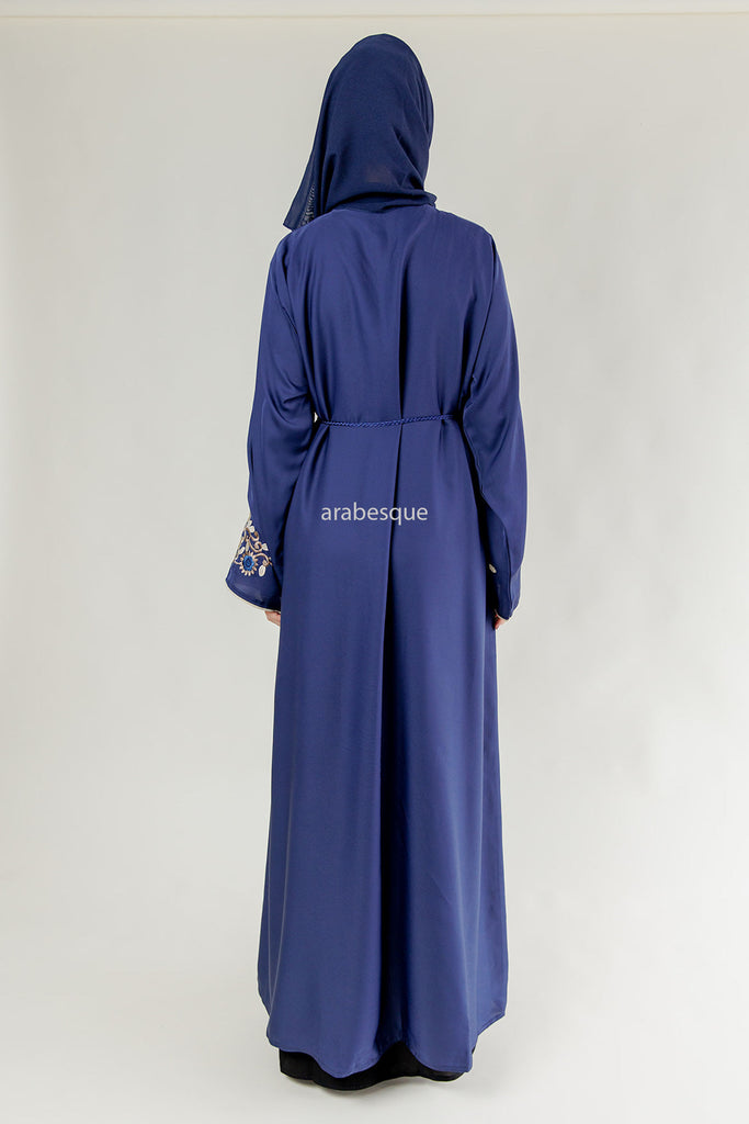 Navy Flower and Leaf Embroidered Zip Abaya