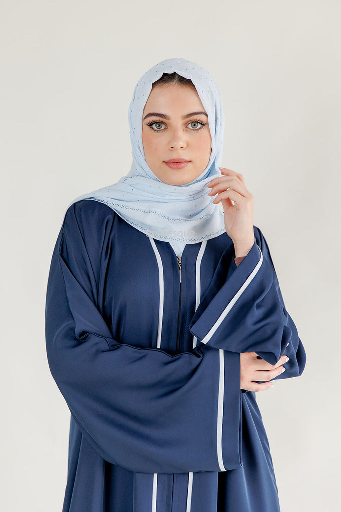 Premium Navy Cream Line Border Zip Abaya