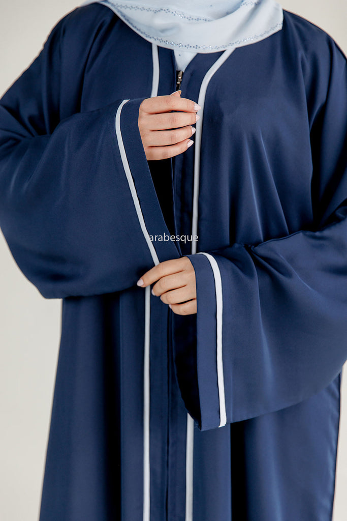 Premium Navy Cream Line Border Zip Abaya