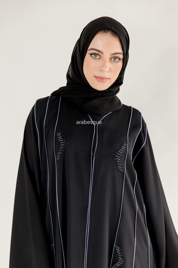 Black Open Abaya – Luxury Blue Beaded Umbrella Design with Striped Detailing