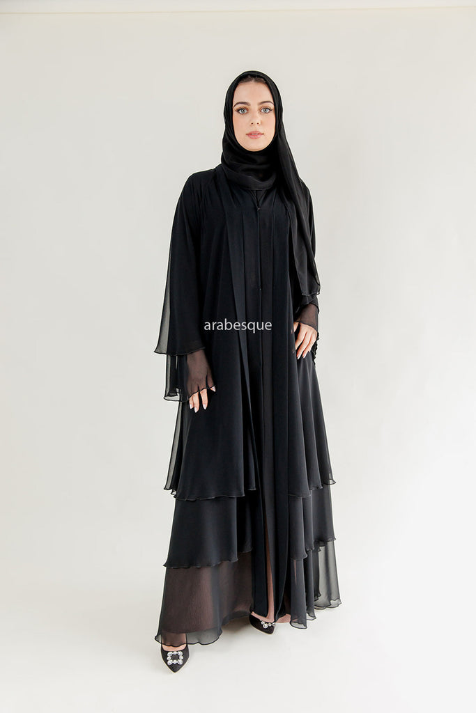 Black Chiffon Layered Open Abaya