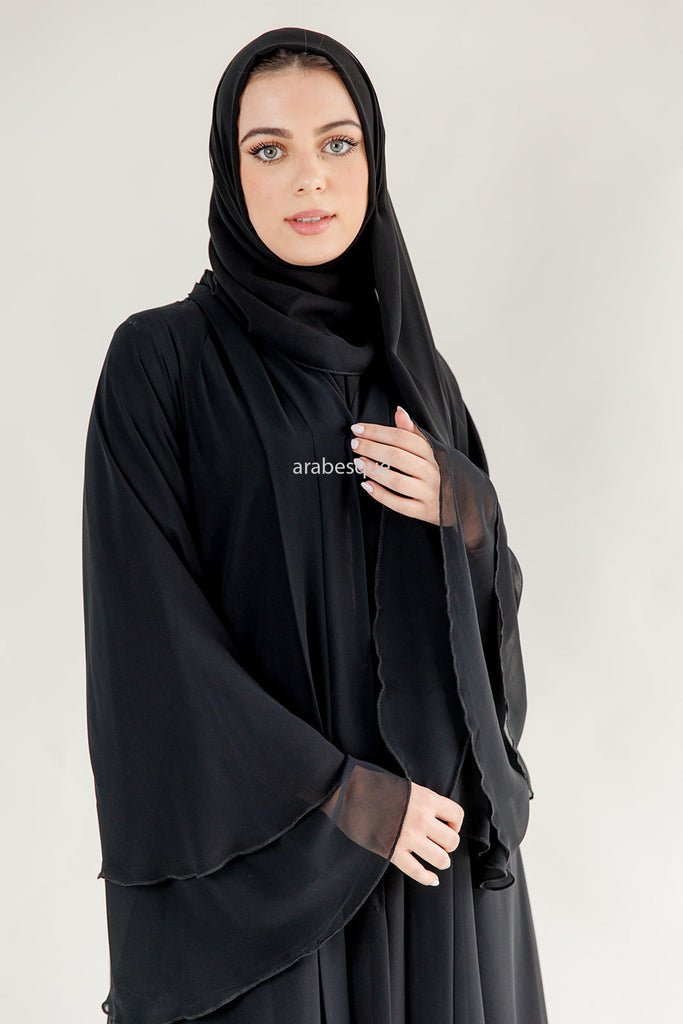 Black Chiffon Layered Open Abaya