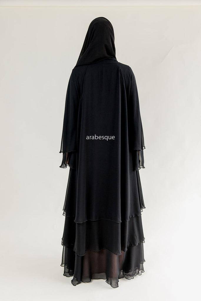 Black Chiffon Layered Open Abaya