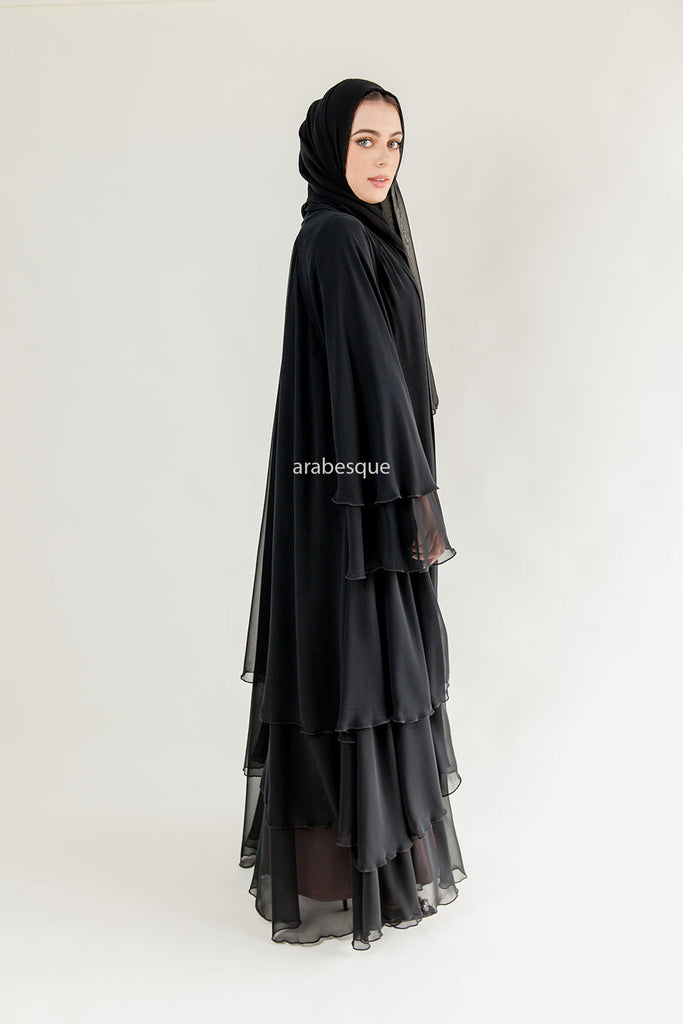 Black Chiffon Layered Open Abaya