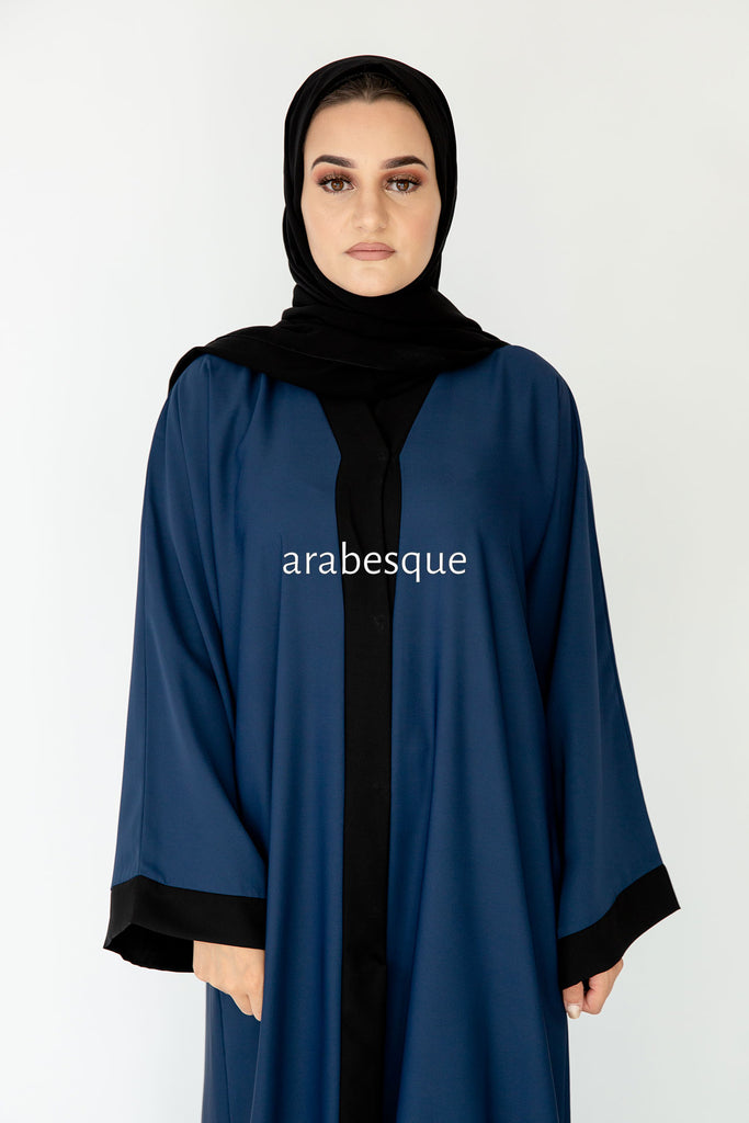 Navy Open Abaya – Plain Nidha Design with Black Border