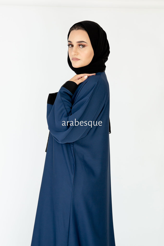 Navy Open Abaya – Plain Nidha Design with Black Border