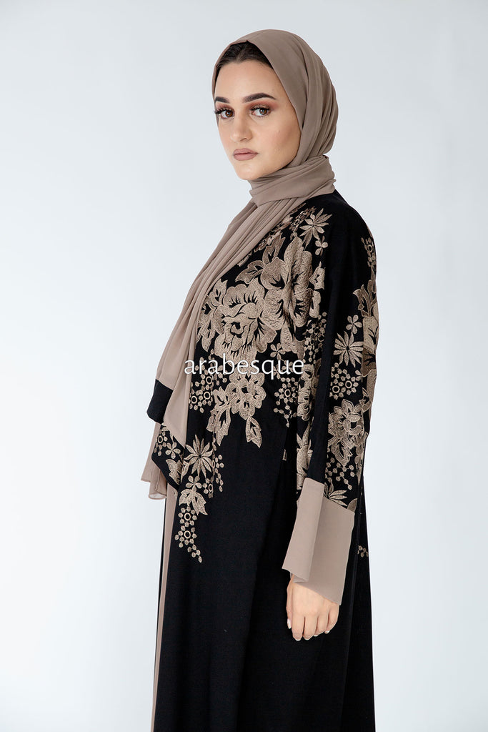 Black Open Abaya – Leaf Embroidery with Mink Chiffon Border Design