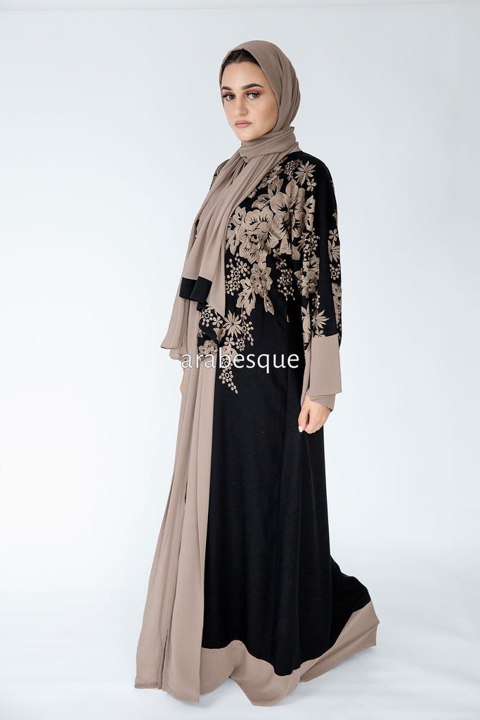 Black Open Abaya – Leaf Embroidery with Mink Chiffon Border Design
