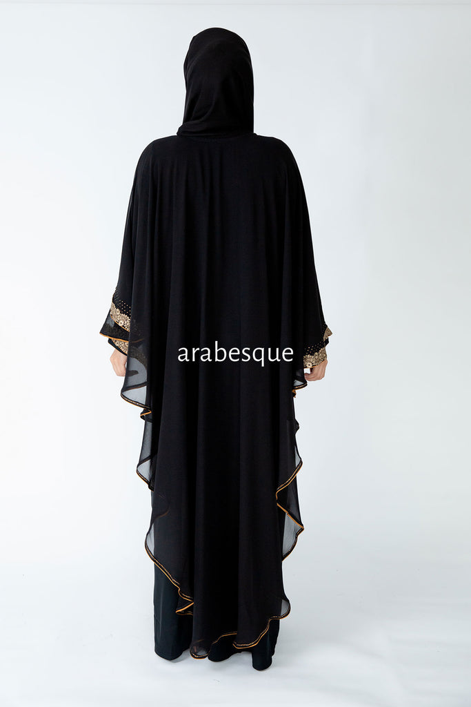 Black Closed Abaya – Chiffon Cape Design with Lace Embellished Detailing