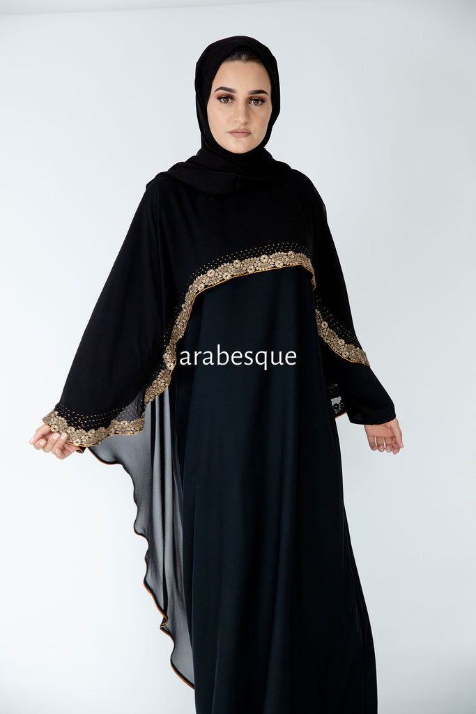 Black Closed Abaya – Chiffon Cape Design with Lace Embellished Detailing
