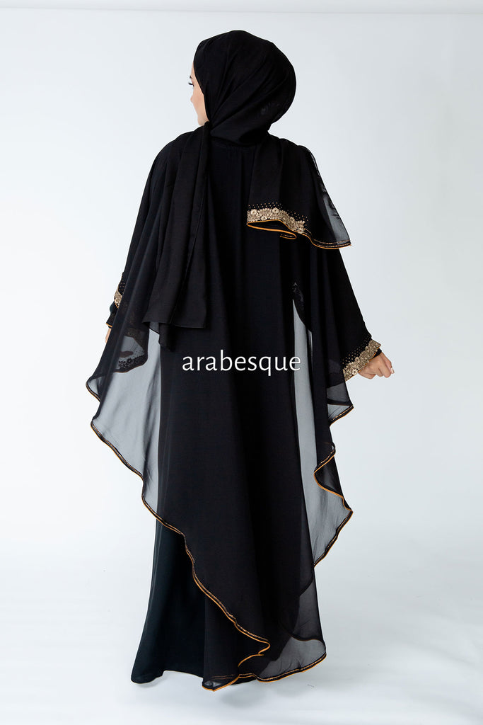 Black Closed Abaya – Chiffon Cape Design with Lace Embellished Detailing
