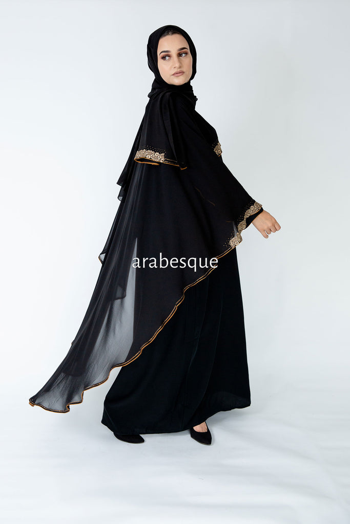 Black Closed Abaya – Chiffon Cape Design with Lace Embellished Detailing
