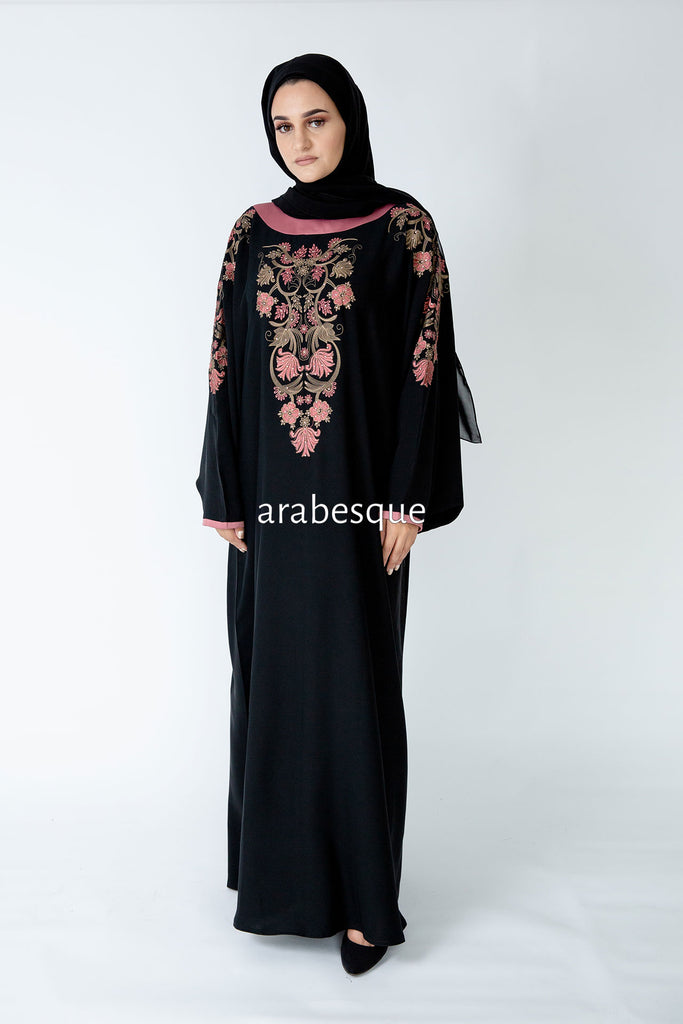 Black Batwing Abaya – Dusty Pink and Gold Garden Embroidered Design
