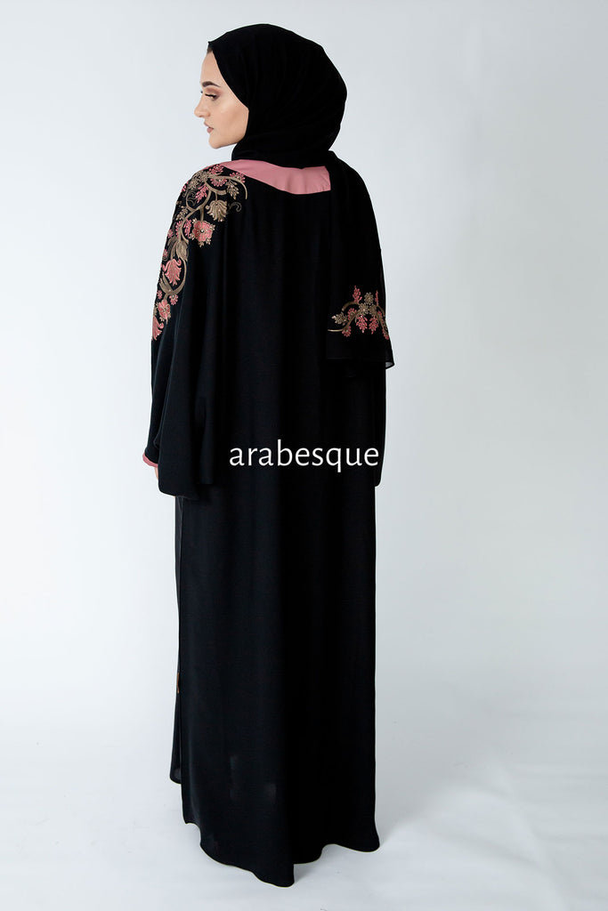 Black Batwing Abaya – Dusty Pink and Gold Garden Embroidered Design