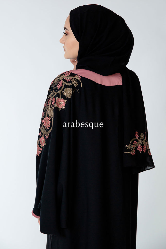 Black Batwing Abaya – Dusty Pink and Gold Garden Embroidered Design