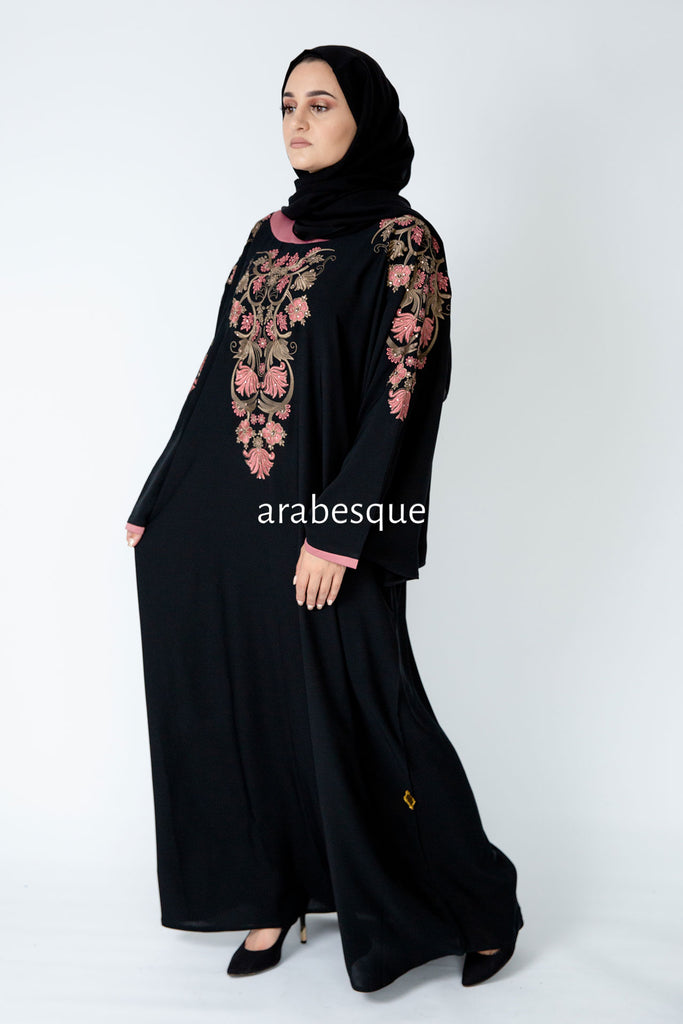 Black Batwing Abaya – Dusty Pink and Gold Garden Embroidered Design