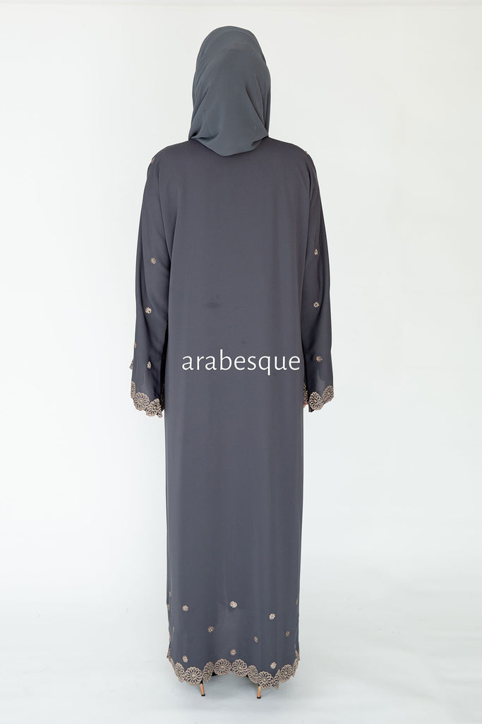Grey Open Abaya - Premium Flower Border Embroidery
