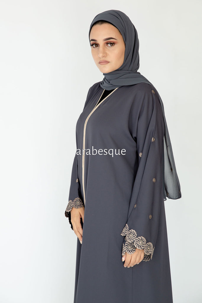 Grey Open Abaya - Premium Flower Border Embroidery