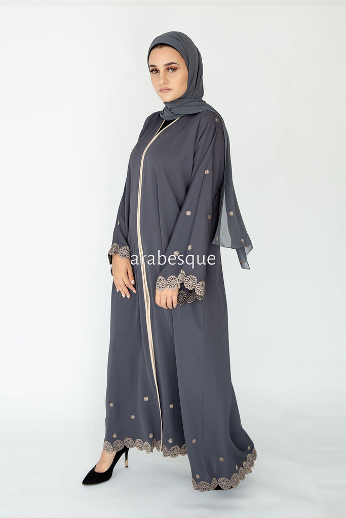 Grey Open Abaya - Premium Flower Border Embroidery