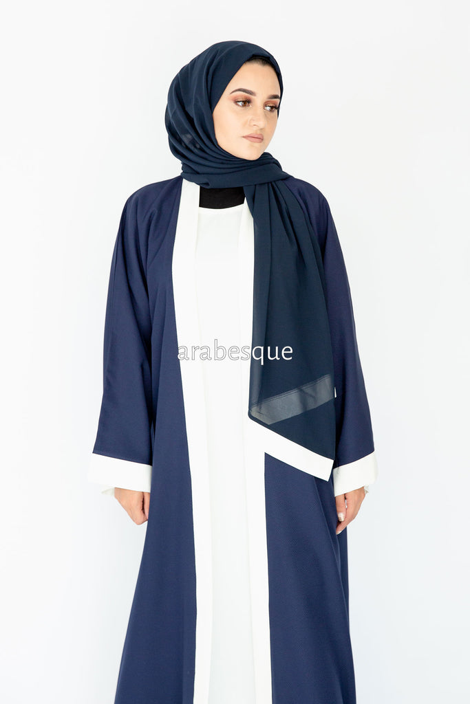 Navy and White Plain Faux Double Abaya