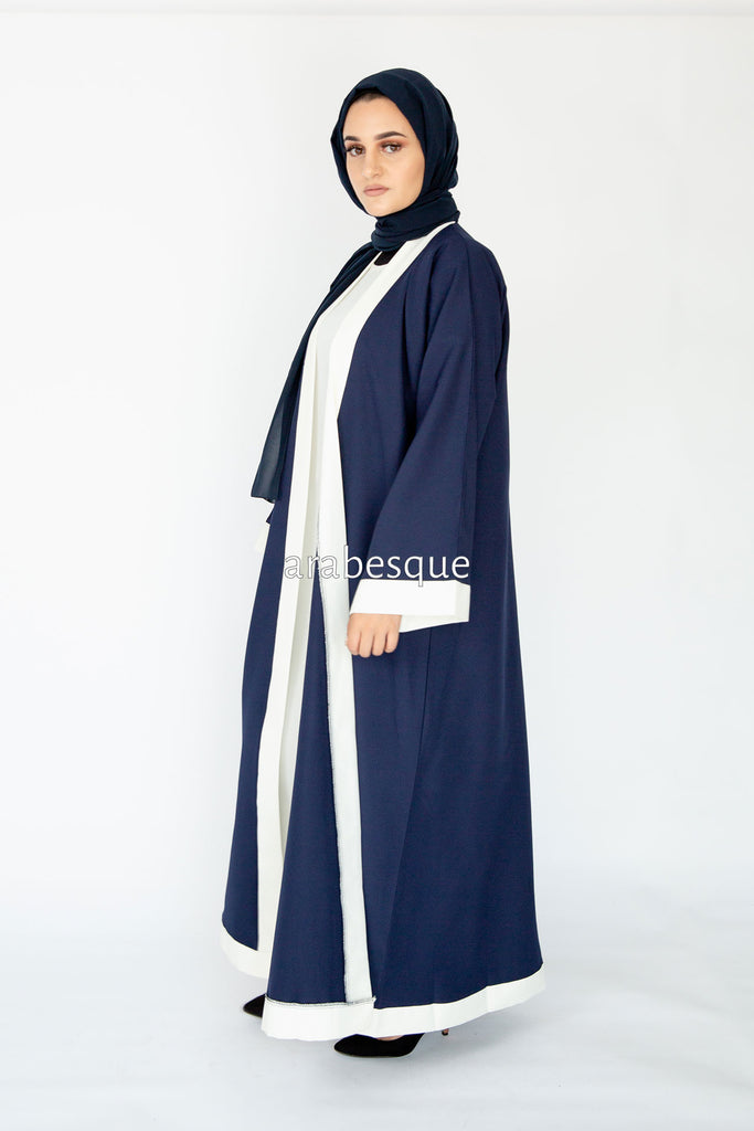 Navy and White Plain Faux Double Abaya