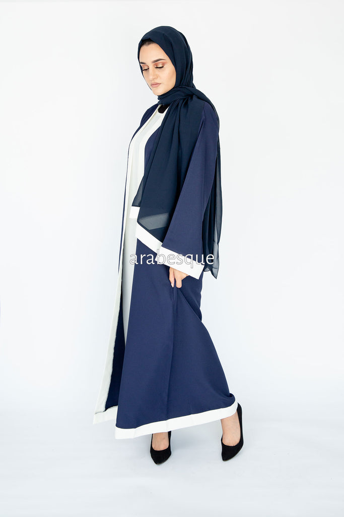 Navy and White Plain Faux Double Abaya