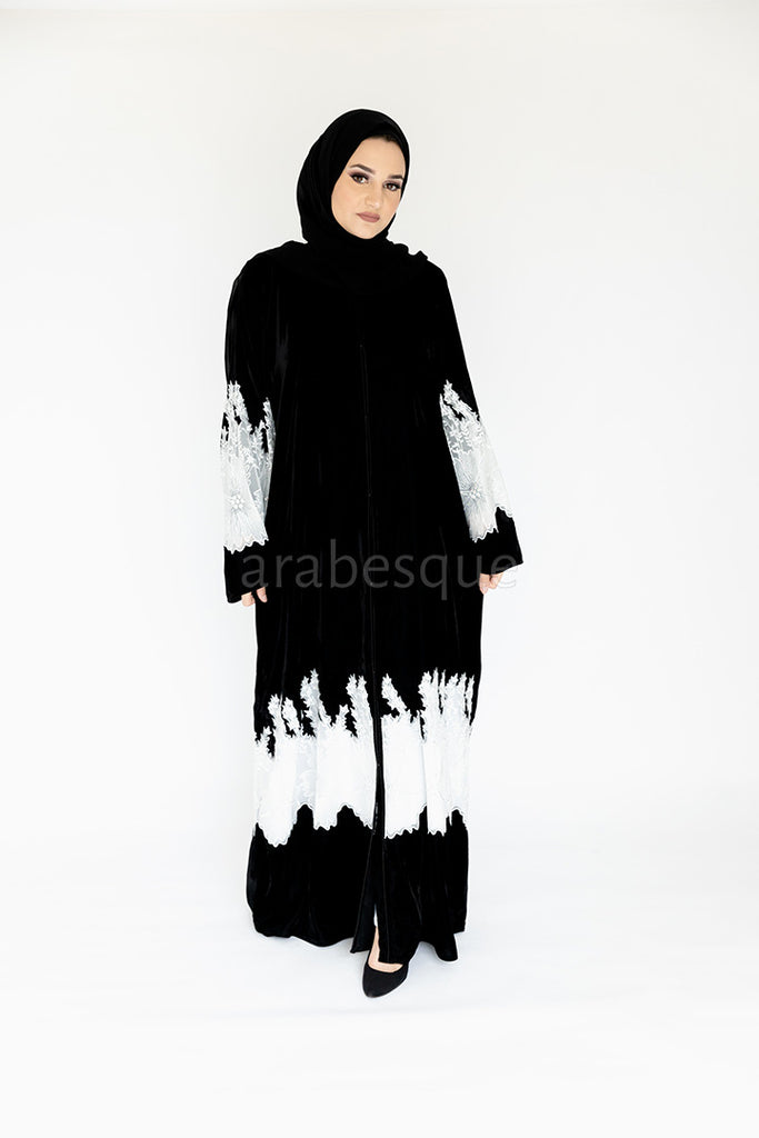 Black Velvet Open Abaya – Luxe White Lace Embellished Design