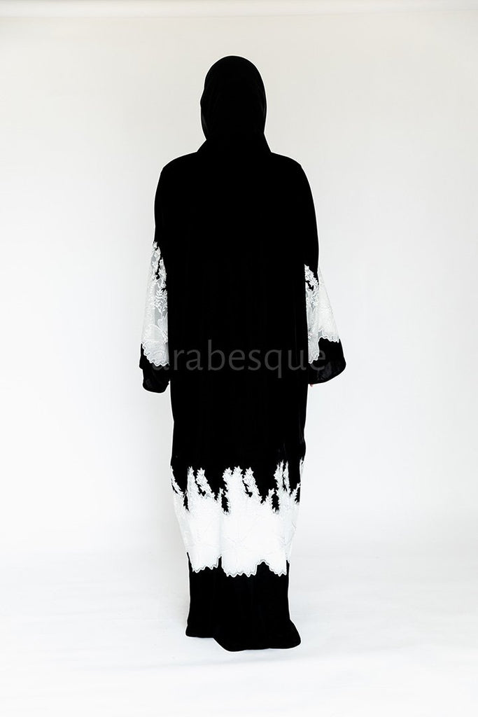Black Velvet Open Abaya – Luxe White Lace Embellished Design