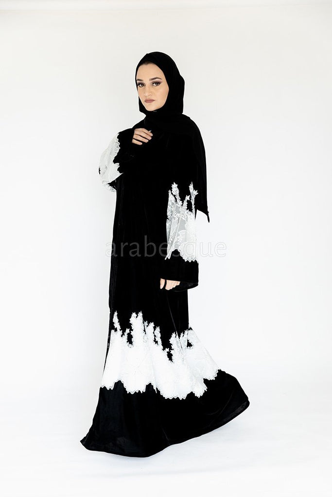 Black Velvet Open Abaya – Luxe White Lace Embellished Design