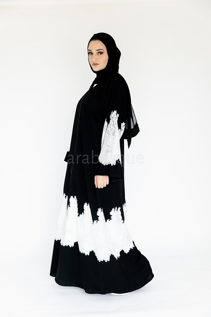 Black Velvet Open Abaya – Luxe White Lace Embellished Design