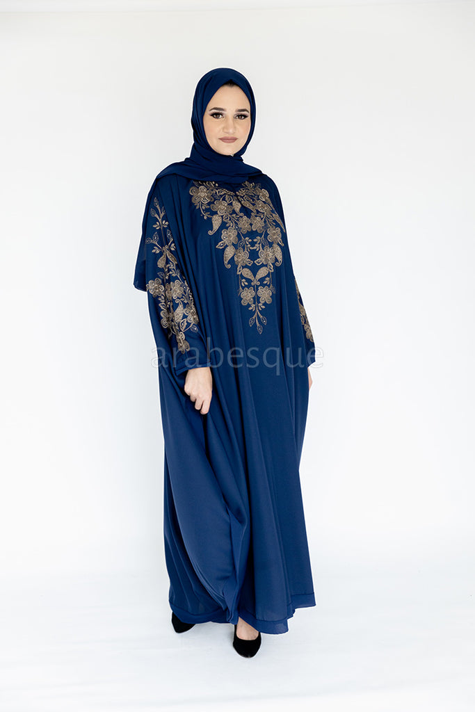 Navy Closed Abaya – Luxurious Gold Paisley Embroidered Batwing Design