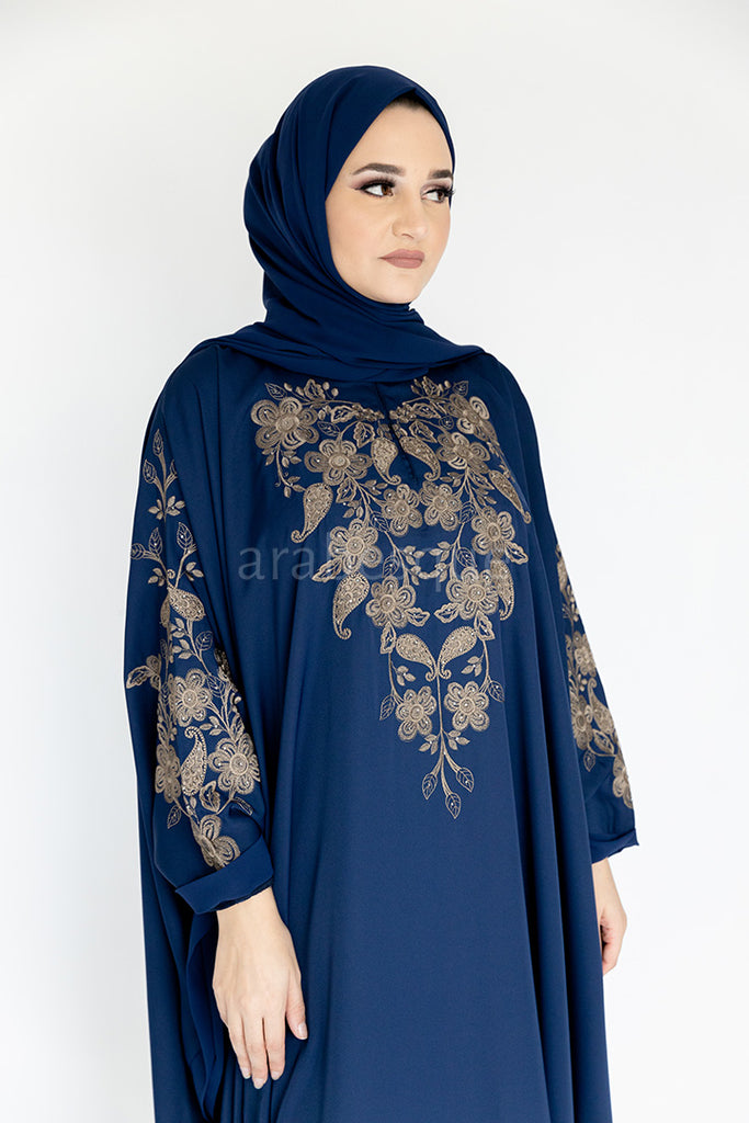 Navy Closed Abaya – Luxurious Gold Paisley Embroidered Batwing Design
