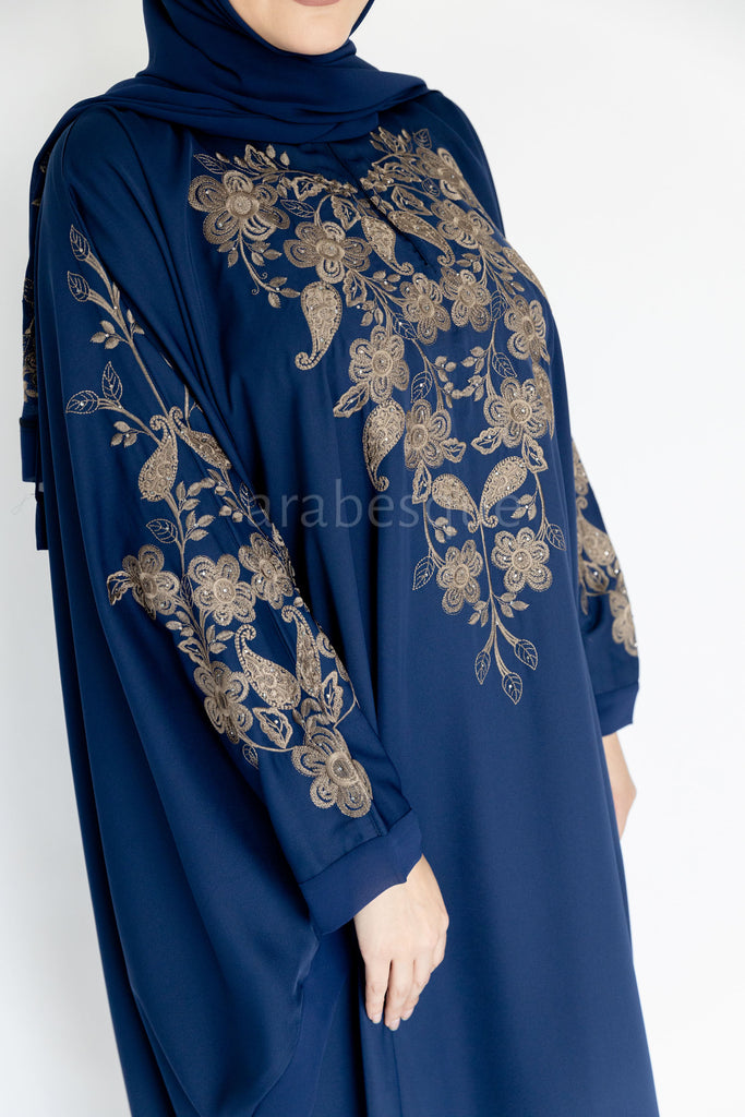 Navy Closed Abaya – Luxurious Gold Paisley Embroidered Batwing Design