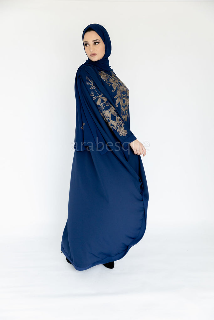 Navy Closed Abaya – Luxurious Gold Paisley Embroidered Batwing Design