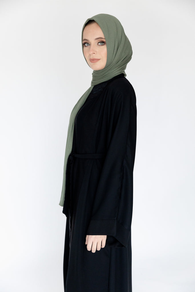Black Double Layer Open Abaya – Inner Slip Attached