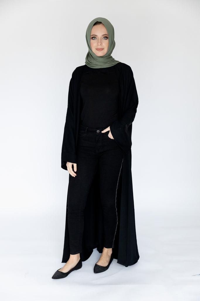 Black Double Layer Open Abaya – Inner Slip Attached