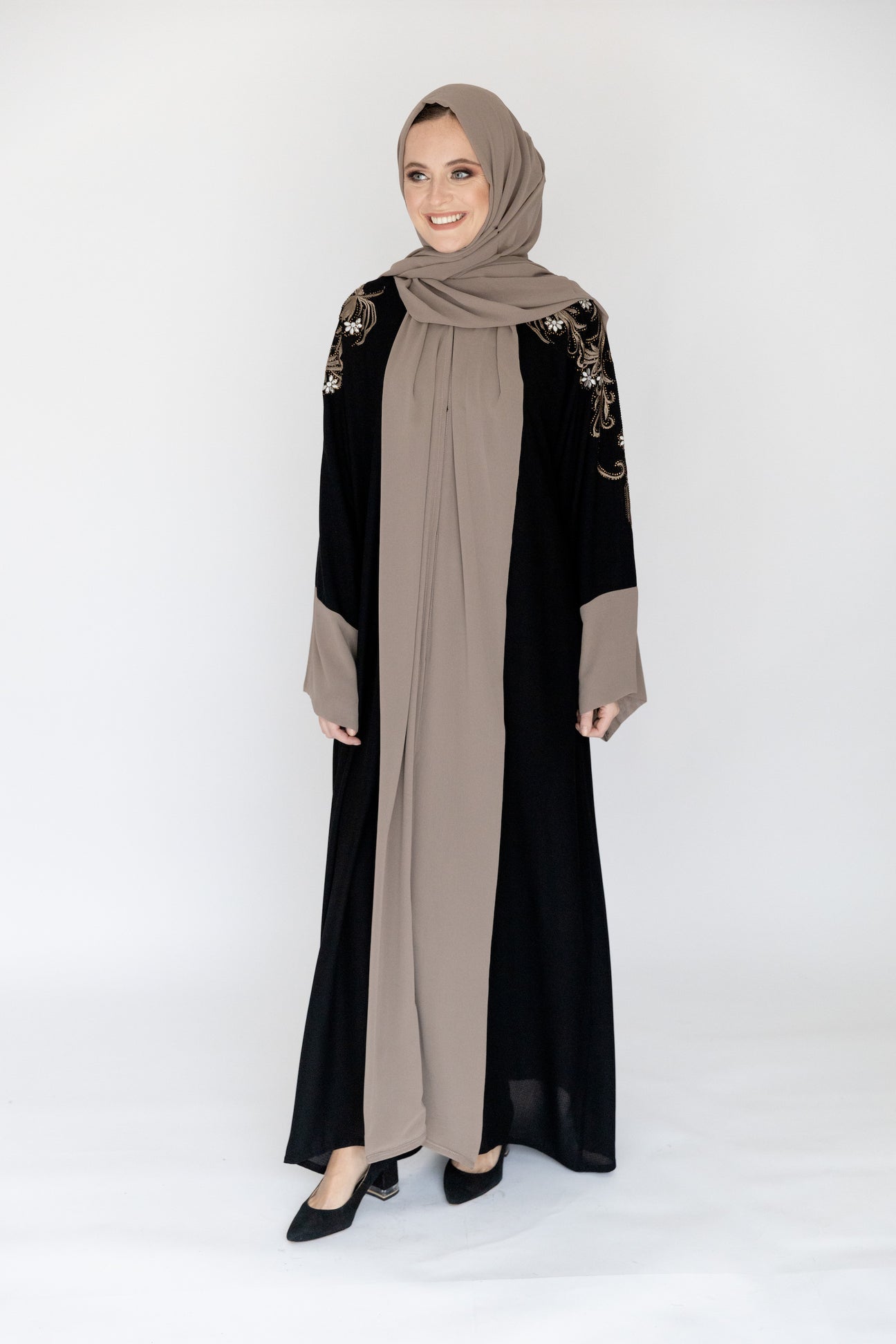 Black Diamante Garden Embroidery Open Abaya with Mink Chiffon Borders
