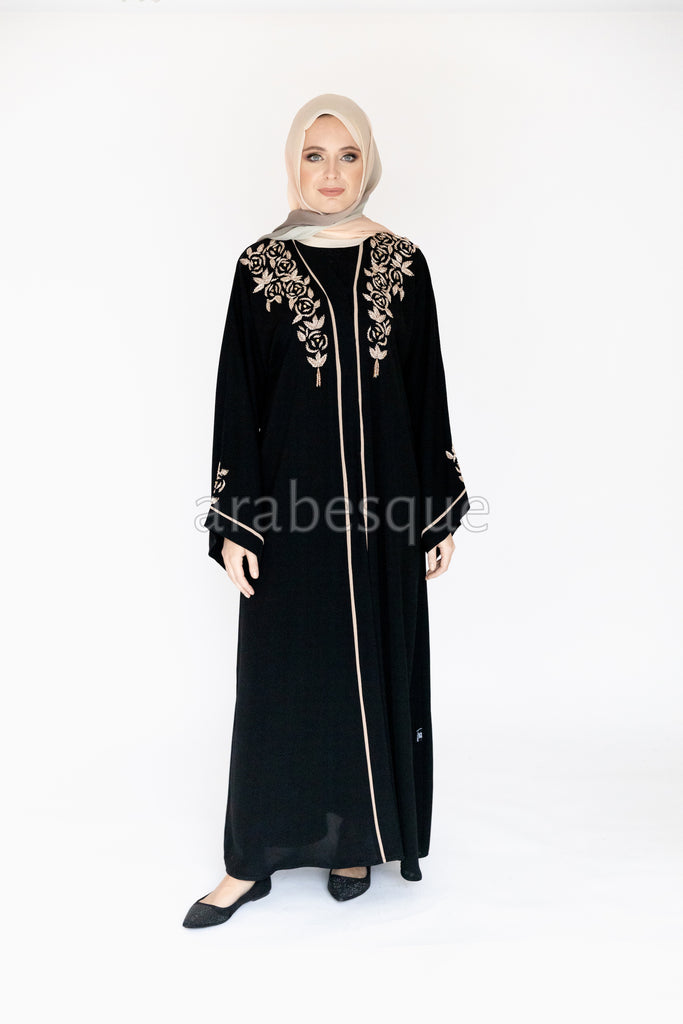 Black Luxury Golden Border and Flower Beads Open Abaya