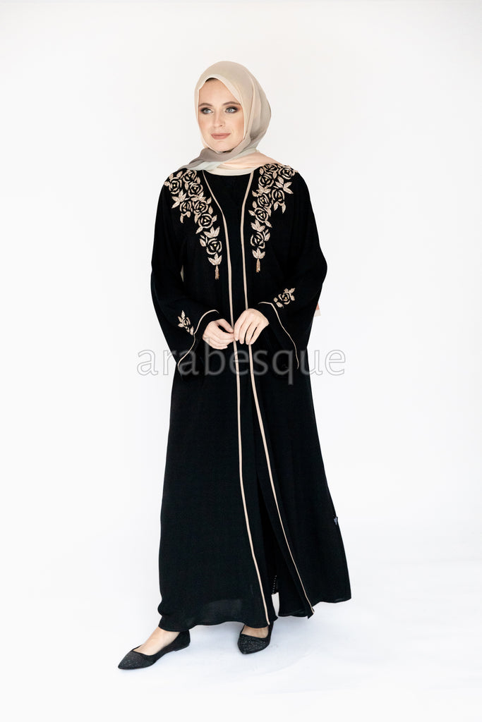 Black Luxury Golden Border and Flower Beads Open Abaya