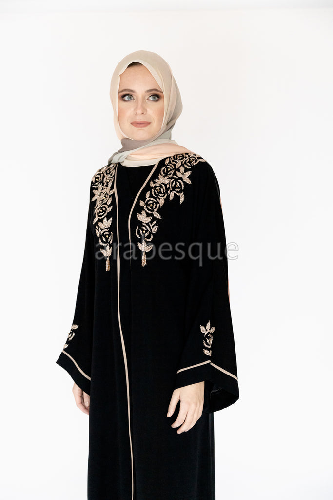 Black Luxury Golden Border and Flower Beads Open Abaya