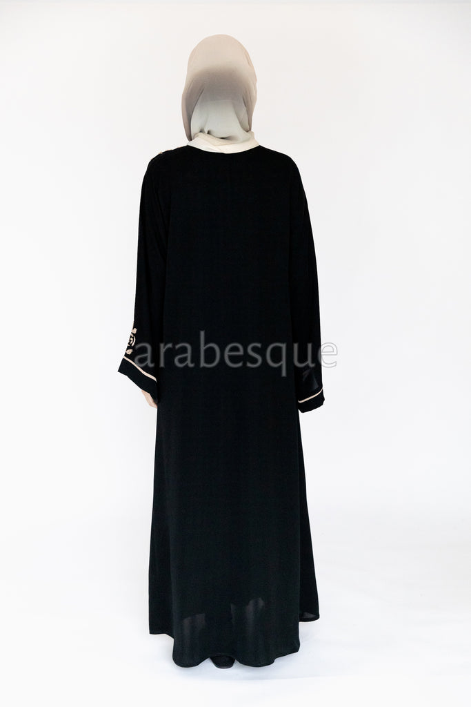 Black Luxury Golden Border and Flower Beads Open Abaya