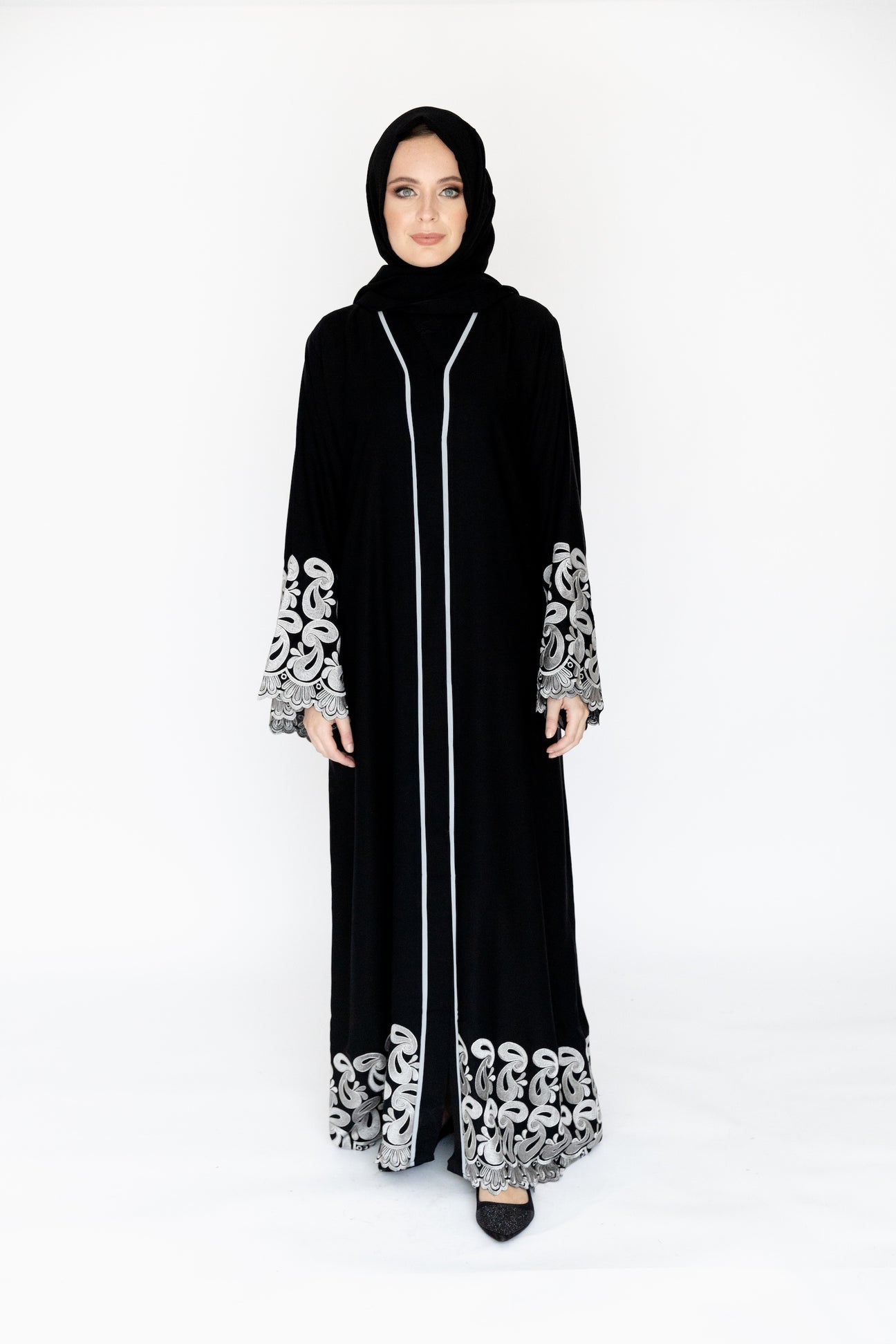 Black Open Abaya with Silver Border and Paisley Embroidery