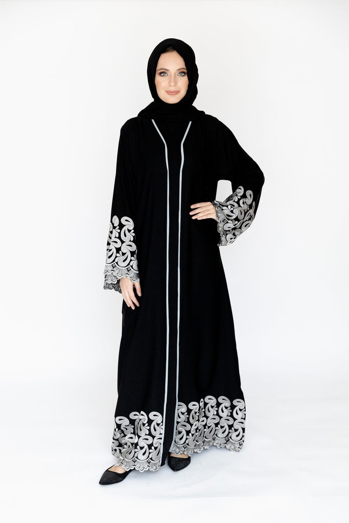 Black Open Abaya – Luxury Silver Border Design with Paisley Embroidery