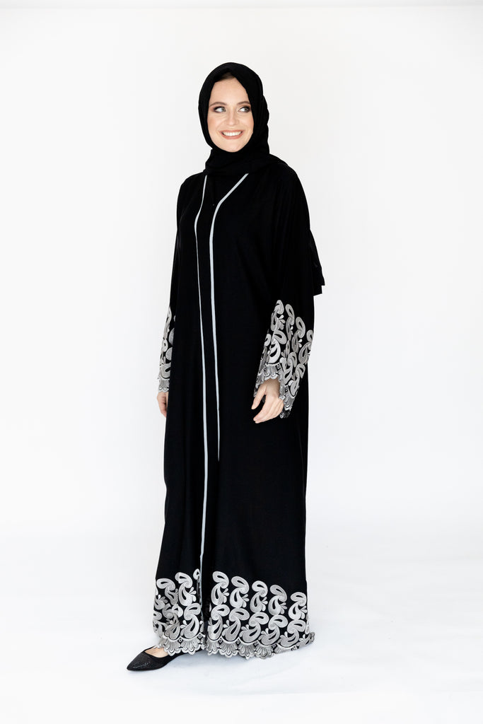 Black Open Abaya – Luxury Silver Border Design with Paisley Embroidery