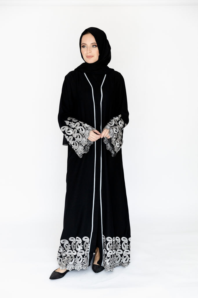 Black Open Abaya – Luxury Silver Border Design with Paisley Embroidery