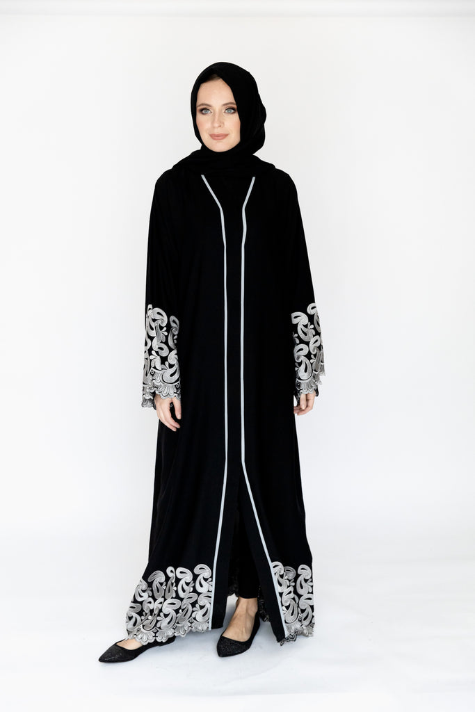 Black Open Abaya – Luxury Silver Border Design with Paisley Embroidery