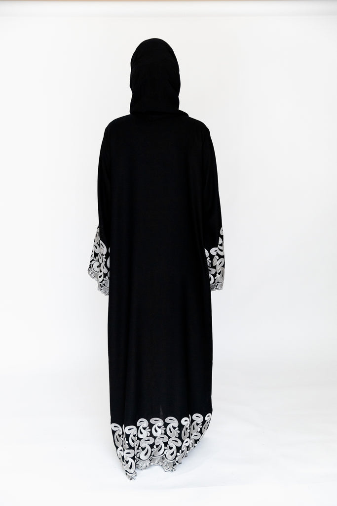 Black Open Abaya – Luxury Silver Border Design with Paisley Embroidery