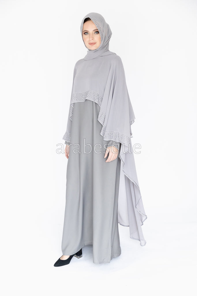 Light Grey Luxury Pearl and Diamante Chiffon Cape Closed Abaya